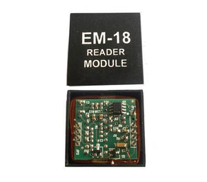 Em-18 EM18 RFID Reader Module - shown with its black top cover removed, revealing the green circuit board with copper coil and pin headers inside the base.