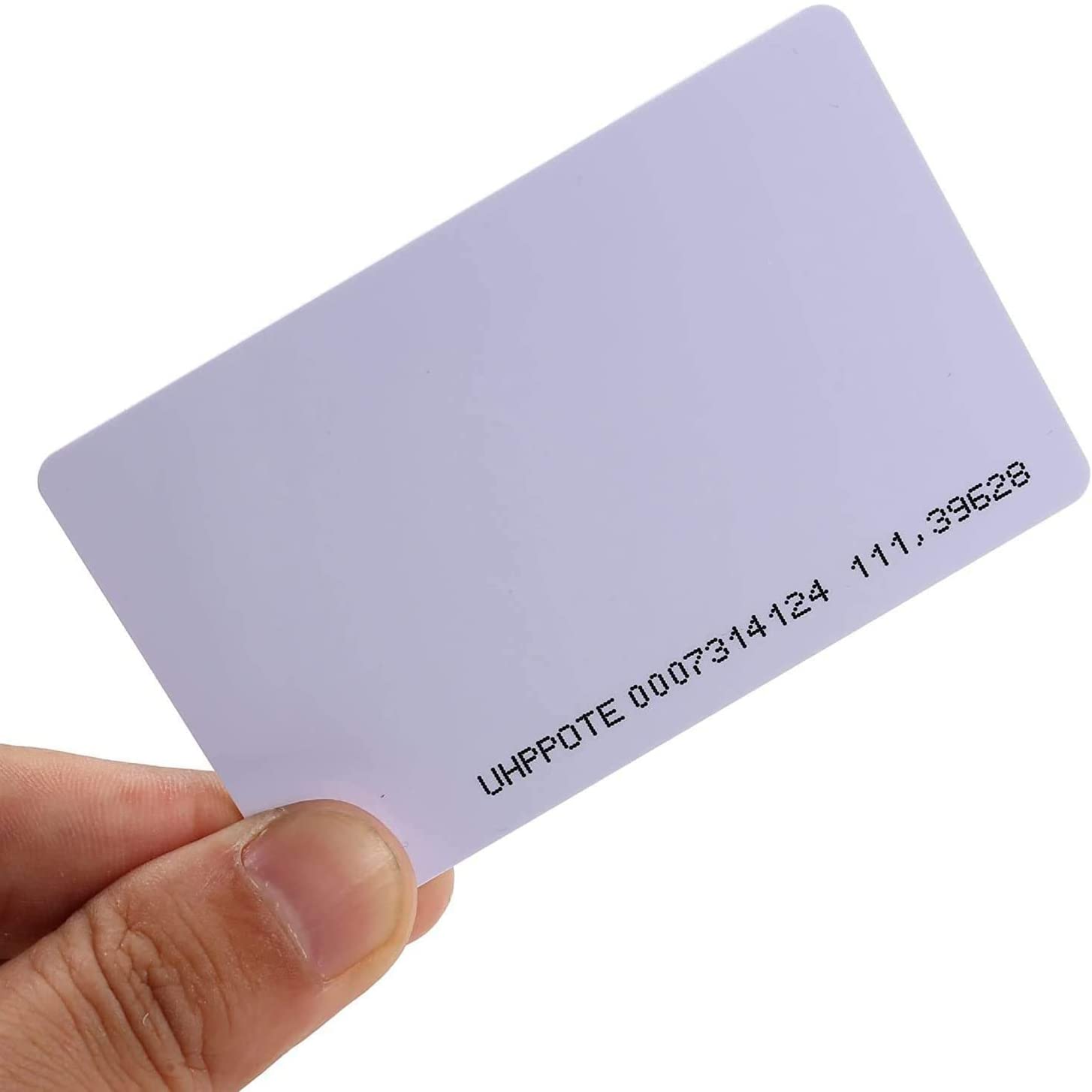 EM4100 125kHz RFID Card RFID Tag - a plain white rectangular plastic card held by a hand, printed with the text "UHP POTE 0007314124 111,39628".