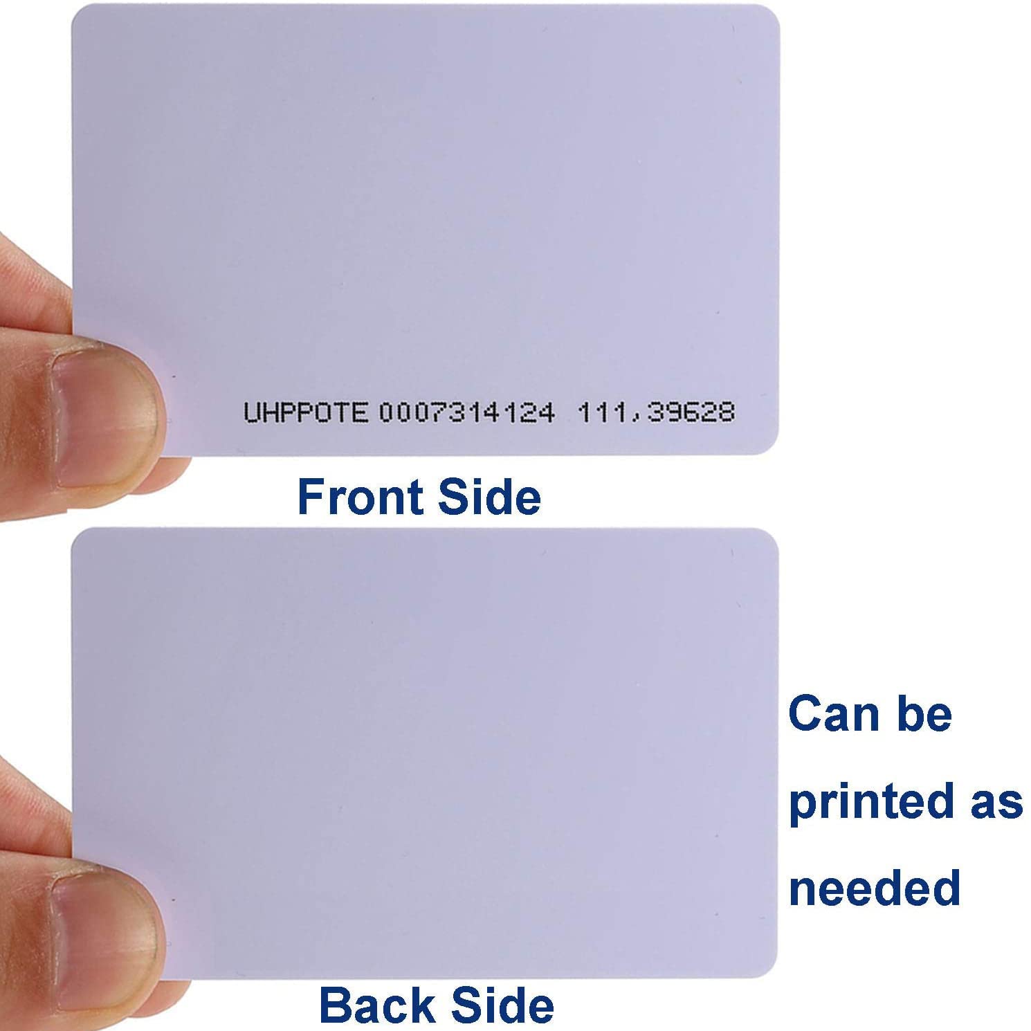 EM4100 125kHz RFID Card RFID Tag - the white front side with printed text and the blank white back side held by fingers.