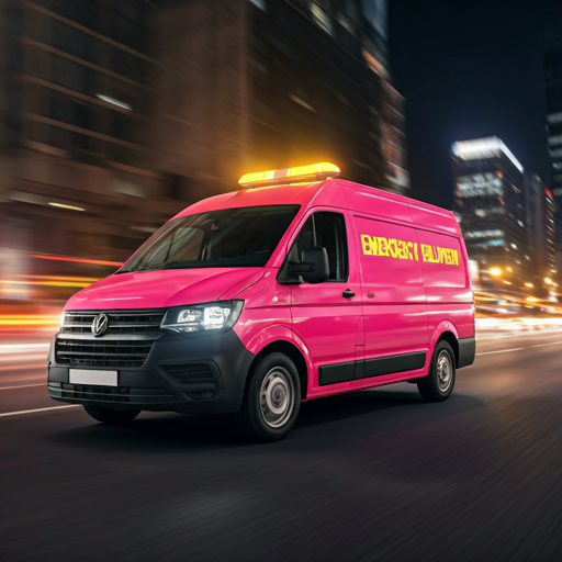 Emergency Delivery Service - a bright pink van with a yellow emergency light bar on the roof, driving on a city street at night.