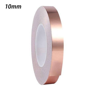 EMI 10mm 30M One-sided Copper Foil Conductive Adhesive Tape - shown as a single roll of metallic copper-coloured adhesive tape with a white core.