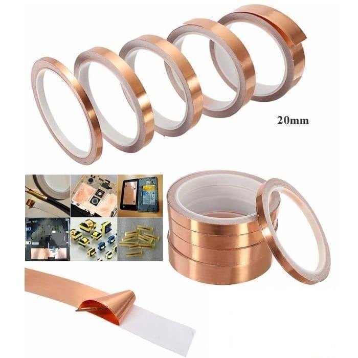 EMI 20mm 30M One Sided Copper Foil Conductive Adhesive Tape - shown as multiple rolls, a stacked set, and a close-up of the tape being peeled from its backing.