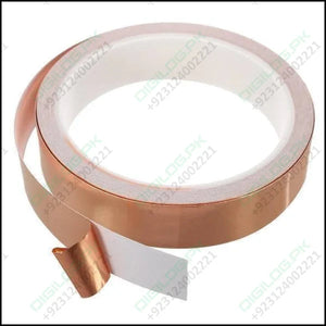 EMI 6mm 30M Copper Foil Conductive Adhesive Tape - shown as a roll of metallic copper-colored tape with a white backing strip partially peeled away.