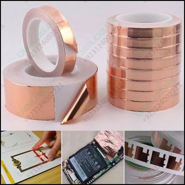 EMI 6mm 30M Copper Foil Conductive Adhesive Tape - shown as multiple rolls and in use for paper circuitry and electronic device repair.