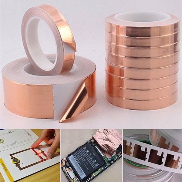 EMI 8mm 20M Copper Foil Conductive Adhesive Tape - shown as multiple rolls of metallic copper tape and examples of it being used on electronics and paper circuits.