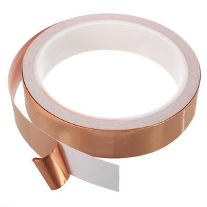 EMI 8mm 20M Copper Foil Conductive Adhesive Tape - a roll of copper-colored metallic tape with a white adhesive backing partially peeled away.