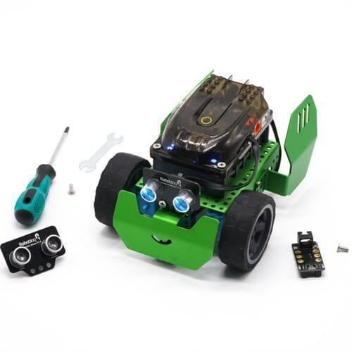 Encoder Motor For Robobloq Robots - shown as a green assembled robot kit with wheels, an ultrasonic sensor, a screwdriver, a wrench, and spare parts.