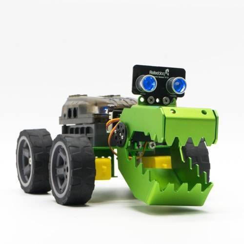 Encoder Motor For Robobloq Robots - shown installed in a green, dinosaur-shaped robot chassis featuring an ultrasonic sensor mounted on top.