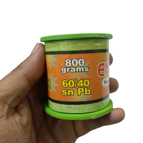 Encore Solder Wire 400 Gram 0.8mm - a cylindrical spool with green plastic ends and an orange label reading 800 grams and 60/40 sn pb, held in a hand.