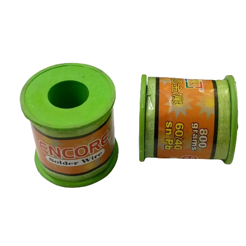 Encore Solder Wire 400 Gram 0.8mm - shown as two green plastic spools with orange labels reading 800 grams and 60/40 Sn Pb, positioned upright and lying on their side.