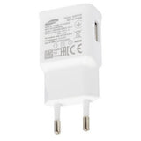 EP-TA200EWE Samsung Mobile Charger Phone Charger USB Adaptive Fast Charging Wall Charger - a white wall adapter with a two-pin EU plug and a single USB port on the side, featuring printed technical specifications.