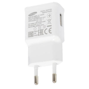 EP-TA200EWE Samsung Mobile Charger Phone Charger USB Adaptive Fast Charging Wall Charger - a white wall adapter with a two-pin EU plug and a single USB port on the side, featuring printed technical specifications.