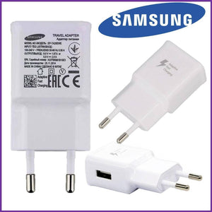 EP-TA200EWE Samsung Mobile Charger Phone Charger USB Adaptive Fast Charging Wall Charger - three views of the white wall plug with a USB port, two-pin connector, and printed technical specifications.