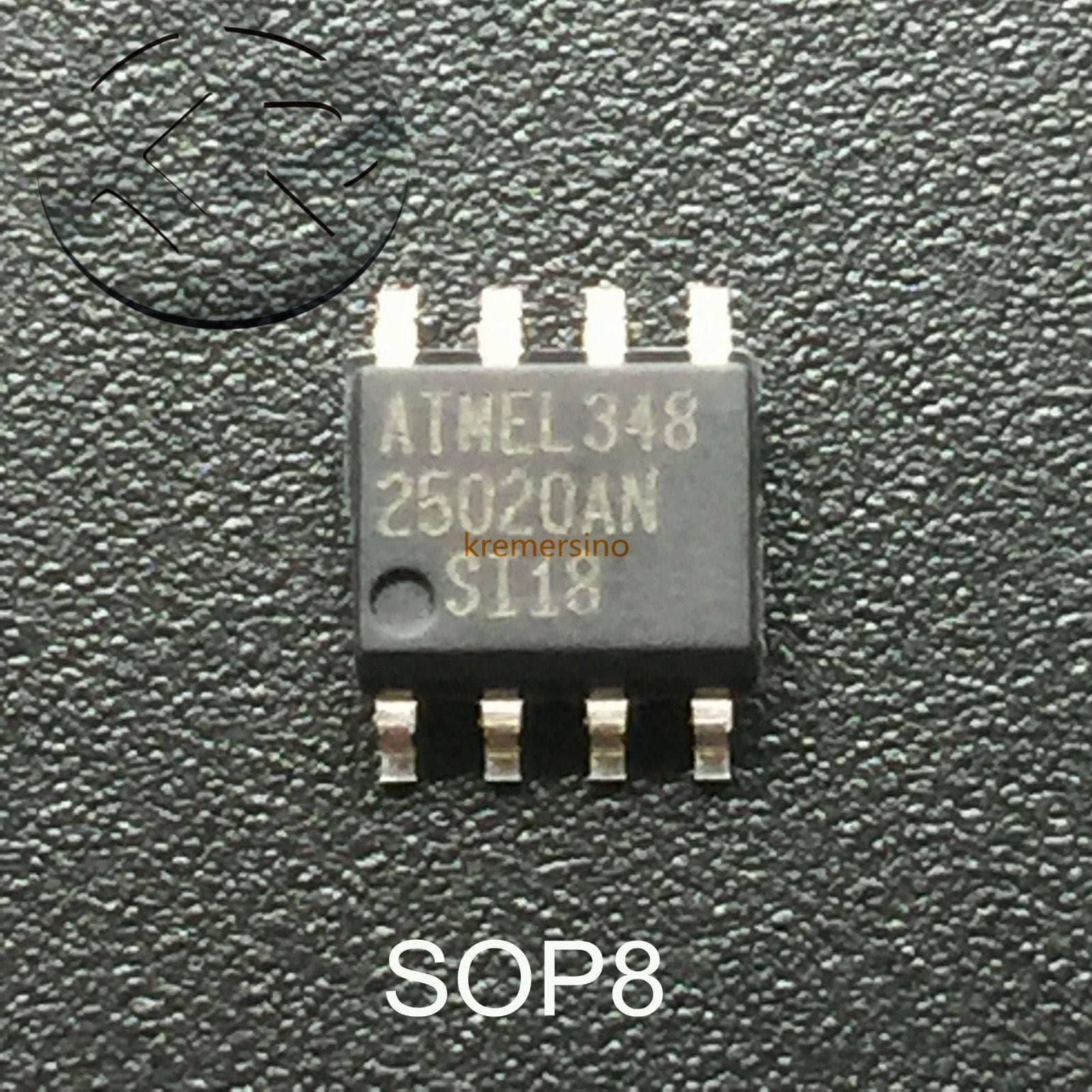 EPROM 25020 Memory Chip Erasable Programmable Read EPROM 25020 SOP8 25020 Tssop8 - a black SOP8 integrated circuit with eight metal pins and the text "ATMEL 348 25020AN S118" printed on its surface.