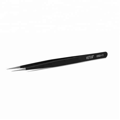 ESD-11 Vetus Tweezer - a long, thin, black stainless steel precision tweezer with a pointed tip, shown against a plain white background.