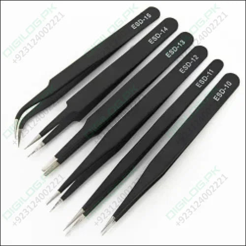 Set of 6 Non-Magnetic Stainless Steel Tweezers - ESD Safe