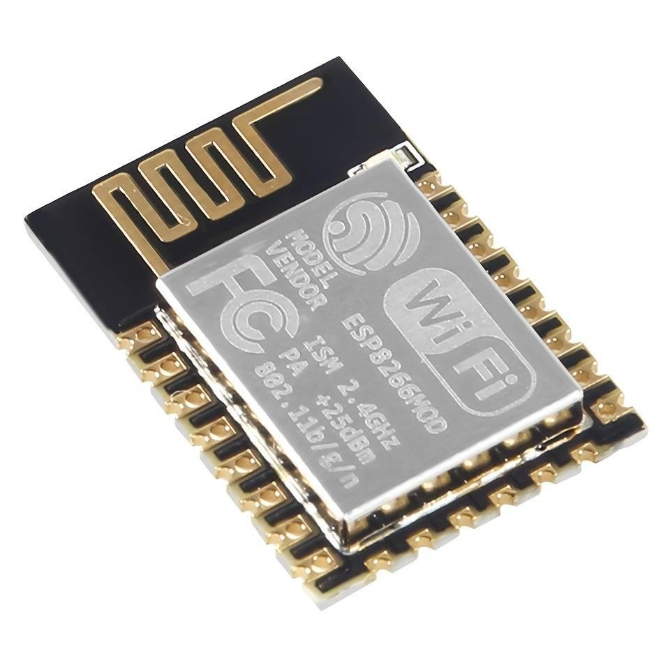 ESP-12 ESP8266-12E WiFi Module Wireless IOT Board Module - a black and gold wireless IoT board featuring a metallic shield with printed text, including ESP8266MOD and WiFi.
