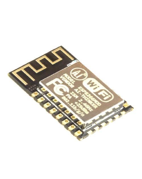 ESP-12 ESP8266-12E WiFi Module Wireless IOT Board Module - a black rectangular wireless IoT board with a gold-coloured integrated antenna and a metal shield printed with technical text.