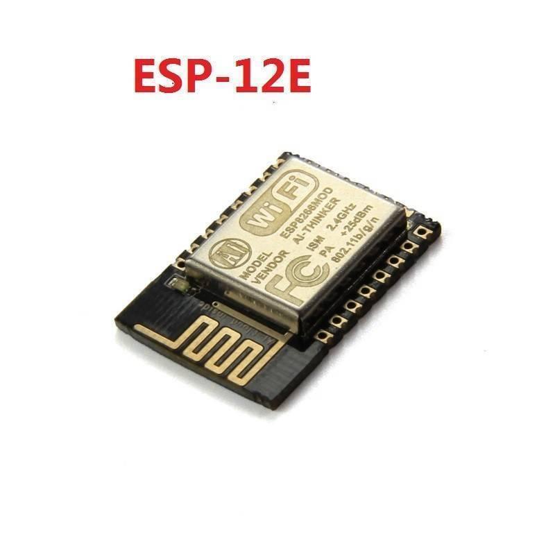 ESP-12 ESP8266-12E WiFi Module Wireless IOT Board Module - a small black rectangular circuit board featuring a metallic shield with printed technical specifications and a gold PCB antenna.