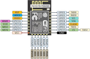 ESP-12 ESP8266-12E WiFi Module Wireless IOT Board Module - a black rectangular circuit board with a gold antenna, shown in a pinout diagram with labels for all connection ports.