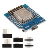 ESP12E Wemos D1 Mini WiFi Development Board ESP8266 – Buy Affordable IOT Board - a blue rectangular circuit board with a micro USB port, reset button, and five sets of header pins below.