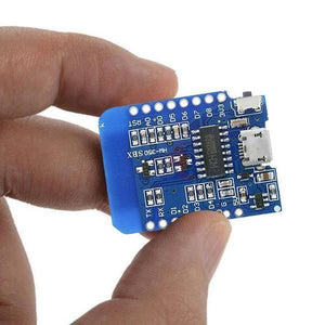 ESP12E Wemos D1 Mini WiFi Development Board ESP8266 – Buy Affordable IOT Board - the blue rectangular PCB with a micro-USB port and CH340G chip.