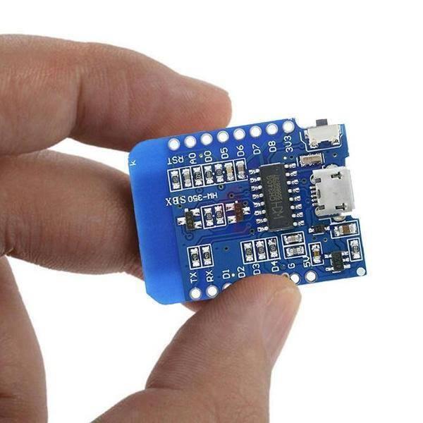 ESP12E Wemos D1 Mini WiFi Development Board ESP8266 – Buy Affordable IOT Board - the blue rectangular PCB with a micro-USB port and CH340G chip.