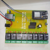 ESP32 Based 8 Channel Relay Board Micro Controller Board WiFi LAN Bluetooth - a yellow circuit board featuring an ESP32 microcontroller, an Ethernet port, eight relays, and screw terminals.