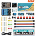 ESP32 Basic Starter Kit WiFi-IOT Development Board Learning Kit - an ESP32 board, a display, a relay module, sensors, buttons, LEDs, resistors, jumper wires, a breadboard, and a USB cable.
