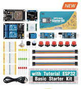 ESP32 Basic Starter Kit WiFi-IOT Development Board Learning Kit - an ESP32 board, a display, a relay module, sensors, buttons, LEDs, resistors, jumper wires, a breadboard, and a USB cable.