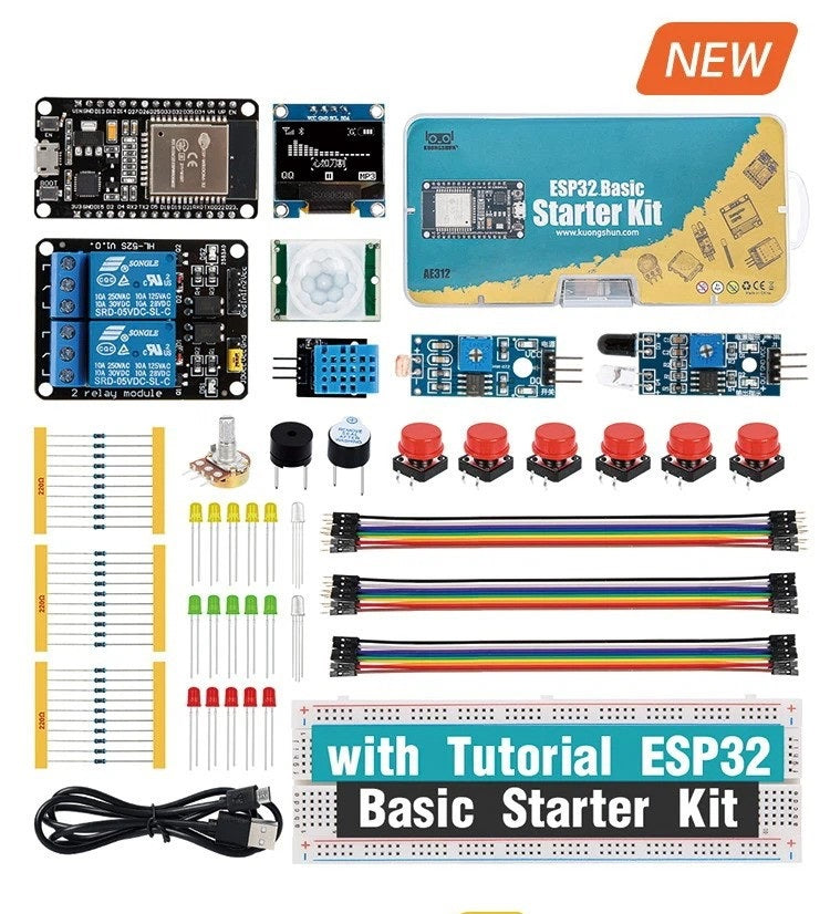ESP32 Basic Starter Kit WiFi-IOT Development Board Learning Kit - an ESP32 board, a display, a relay module, sensors, buttons, LEDs, resistors, jumper wires, a breadboard, and a USB cable.