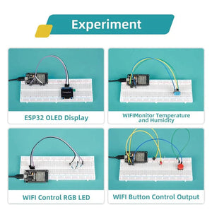 ESP32 Basic Starter Kit WiFi-IOT Development Board Learning Kit - four breadboard circuit experiments with an OLED display, sensor, LED, and button.