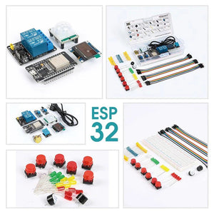 ESP32 Basic Starter Kit WiFi-IOT Development Board Learning Kit - an ESP32 development board, relay module, sensors, breadboard, jumper wires, LEDs, buttons, and buzzer components.