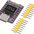 ESP32-C3 0.42 Inch OLED display Development Board IOT Ceramic Antenna WiFi Bluetooth supermini type c - with a purple PCB, USB-C port, two buttons, and two included sets of yellow header pins.