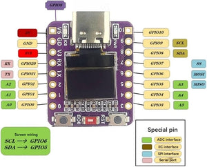 ESP32-C3 0.42 Inch OLED display Development Board IOT Ceramic Antenna WiFi Bluetooth supermini type c - a purple circuit board with a Type-C port, two buttons, and a diagram showing pin labels and wiring.