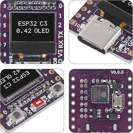 ESP32-C3 0.42 Inch OLED display Development Board IOT Ceramic Antenna WiFi Bluetooth supermini type c - close-up views of the purple PCB, OLED display, USB-C port, buttons, and rear components.