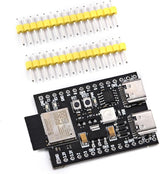 ESP32-C3 Devkit M1 Core Board Dual Type-c | Buy - a black PCB with two USB-C ports, two push buttons, an RGB LED, and two strips of yellow-cased header pins.