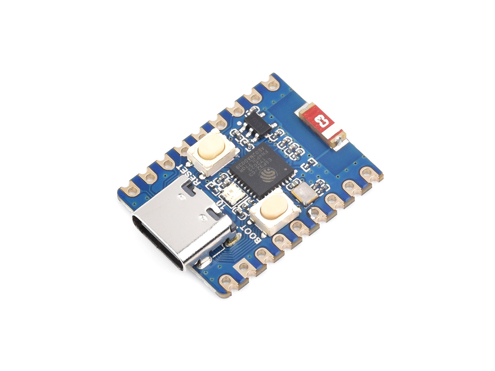 ESP32 C3 Mini Development Board With 2.4GHz Wi-Fi, Bluetooth 5 - rectangular circuit board with a USB-C port, two push buttons, and a central chip, viewed from a high angle.