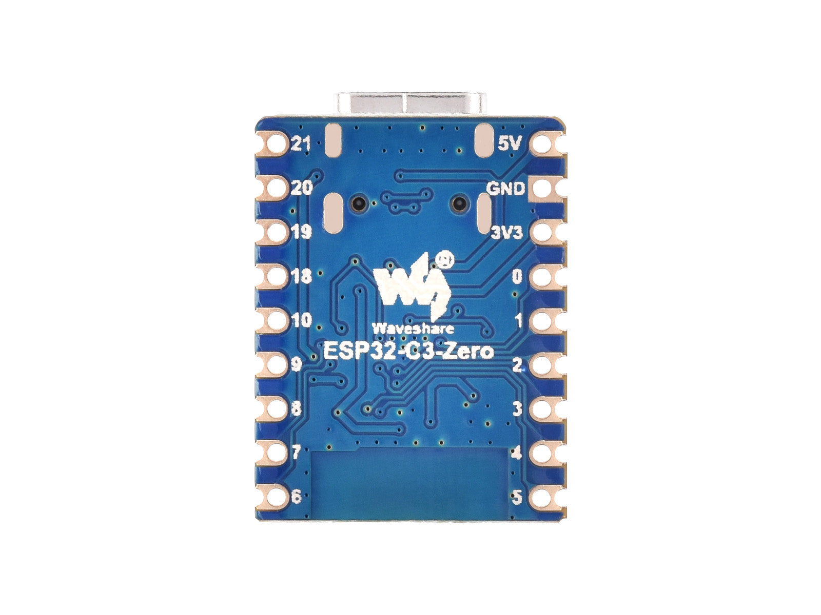 ESP32 C3 Mini Development Board With 2.4GHz Wi-Fi, Bluetooth 5 - the blue top side of the PCB with a USB-C port, labeled pin headers, and the Waveshare ESP32-C3-Zero logo.