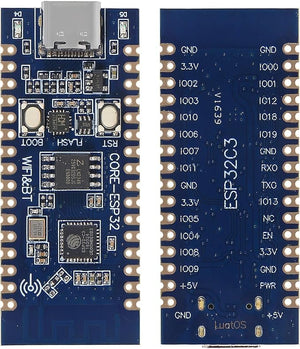 ESP32-C3 USB-c Development Board - WiFi, Bluetooth, BLE, 160MHz - the front and back of the blue PCB with a USB-C port, two buttons, and labeled pin headers.