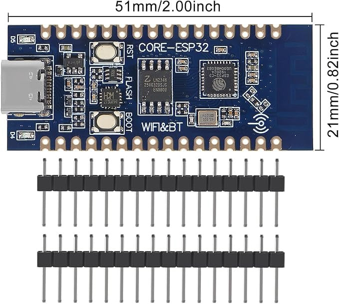 ESP32-C3 USB-c Development Board - WiFi, Bluetooth, BLE, 160MHz - rectangular PCB with a USB-C port, two buttons, and two rows of included header pins below it.