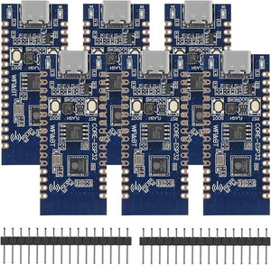 ESP32-C3 USB-c Development Board - WiFi, Bluetooth, BLE, 160MHz - five blue circuit boards with USB-C ports, buttons, and two rows of loose header pins below them.