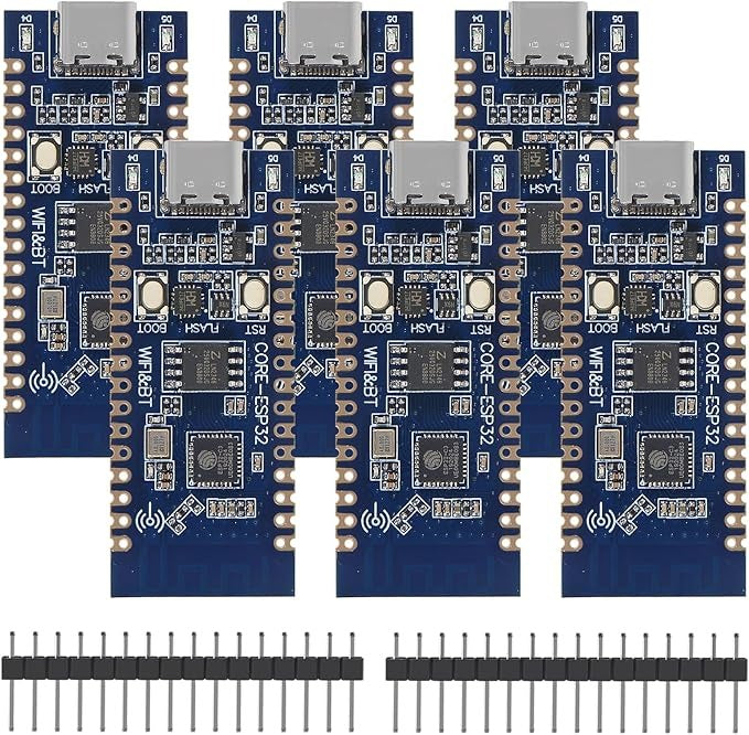 ESP32-C3 USB-c Development Board - WiFi, Bluetooth, BLE, 160MHz - five blue circuit boards with USB-C ports, buttons, and two rows of loose header pins below them.