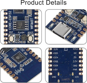 ESP32-C3 USB-c Development Board - WiFi, Bluetooth, BLE, 160MHz - a four-panel close-up showing the blue circuit board, USB-C port, reset and boot buttons, and pinout labels.