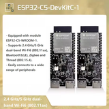 ESP32-C5-DevKitC-1 - two identical black development boards with metal shielding, USB-C ports, buttons, and pin headers, alongside descriptive text.