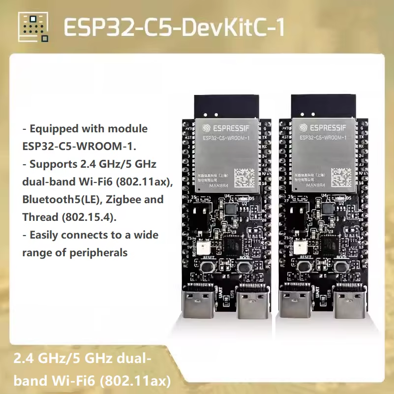 ESP32-C5-DevKitC-1 - two identical black development boards with metal shielding, USB-C ports, buttons, and pin headers, alongside descriptive text.
