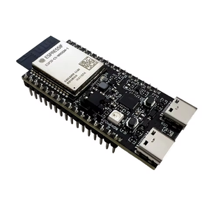ESP32-C5-DevKitC-1 - a black development board with an ESP32-C5-WROOM-1 module, two USB-C ports, two push buttons, and an RGB LED on a circuit board.