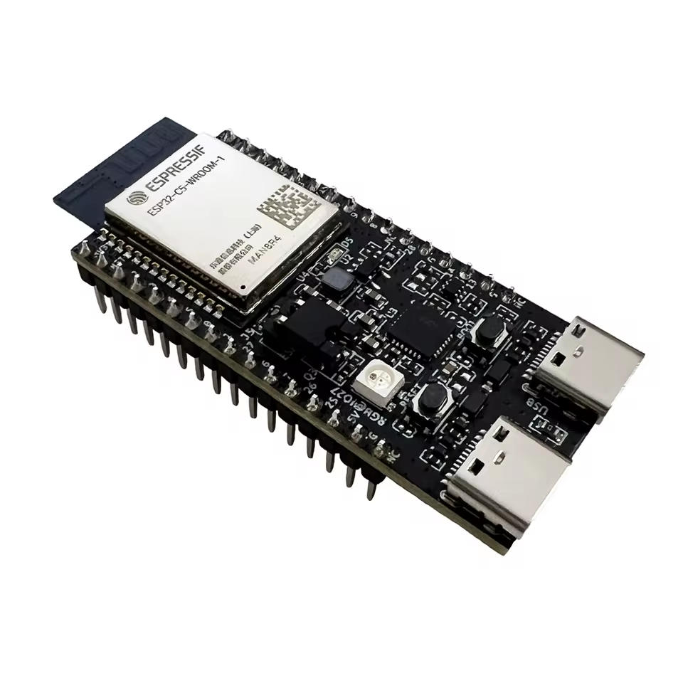 ESP32-C5-DevKitC-1 - a black development board with an ESP32-C5-WROOM-1 module, two USB-C ports, two push buttons, and an RGB LED on a circuit board.