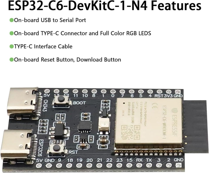 ESP32-C6 ESP32-C6-DevKitC-1-N4 Development Board ESP32-C6-DevKitC-1-N4 Module Supports WiFi Bluetooth 512KB 320KB ROM