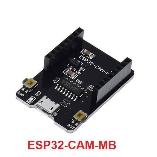 ESP32 Cam Mb Micro USB Programmer CH340G USB To Serial Port Board - a micro USB port, two push buttons labeled IO0 and RST, and female pin headers.